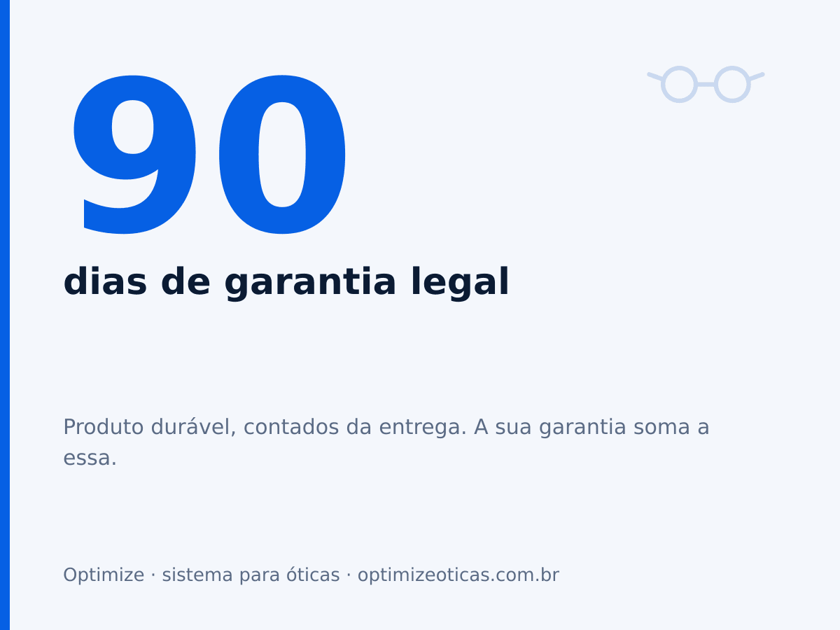 90 dias de garantia legal. Produto durável, contados da entrega. A sua garantia soma a essa.