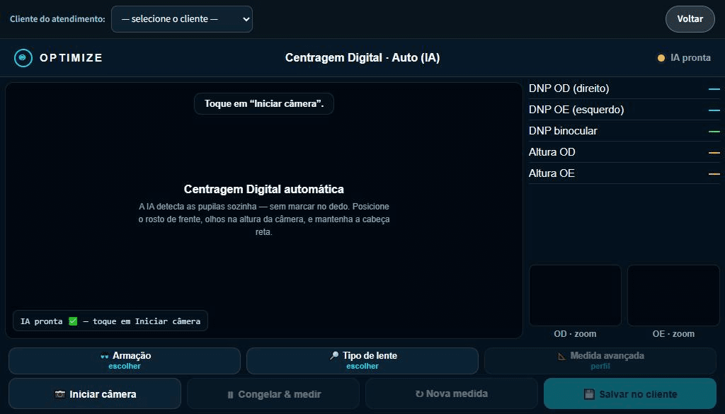 Tela de centragem digital do sistema para ótica medindo DNP direito, esquerdo, binocular e altura por inteligência artificial.