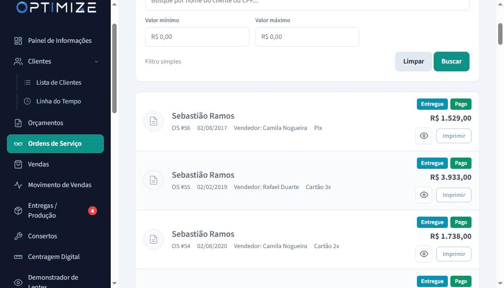 Lista de ordens de serviço de uma ótica com número, data, vendedor, forma de pagamento e situação de entrega.