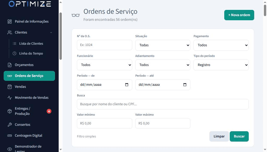Tela de ordens de serviço de uma ótica com filtros por situação, pagamento, funcionário, adiantamento e período.